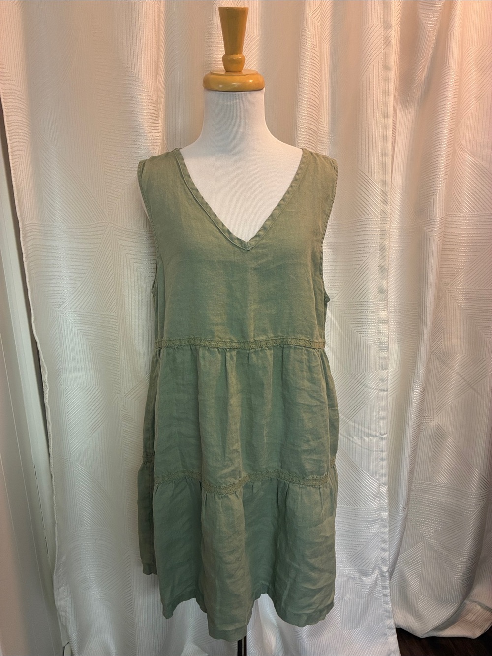 Lucky Brand Moss Green Linen Sleeveless V-Neck Tiered Mini Dress